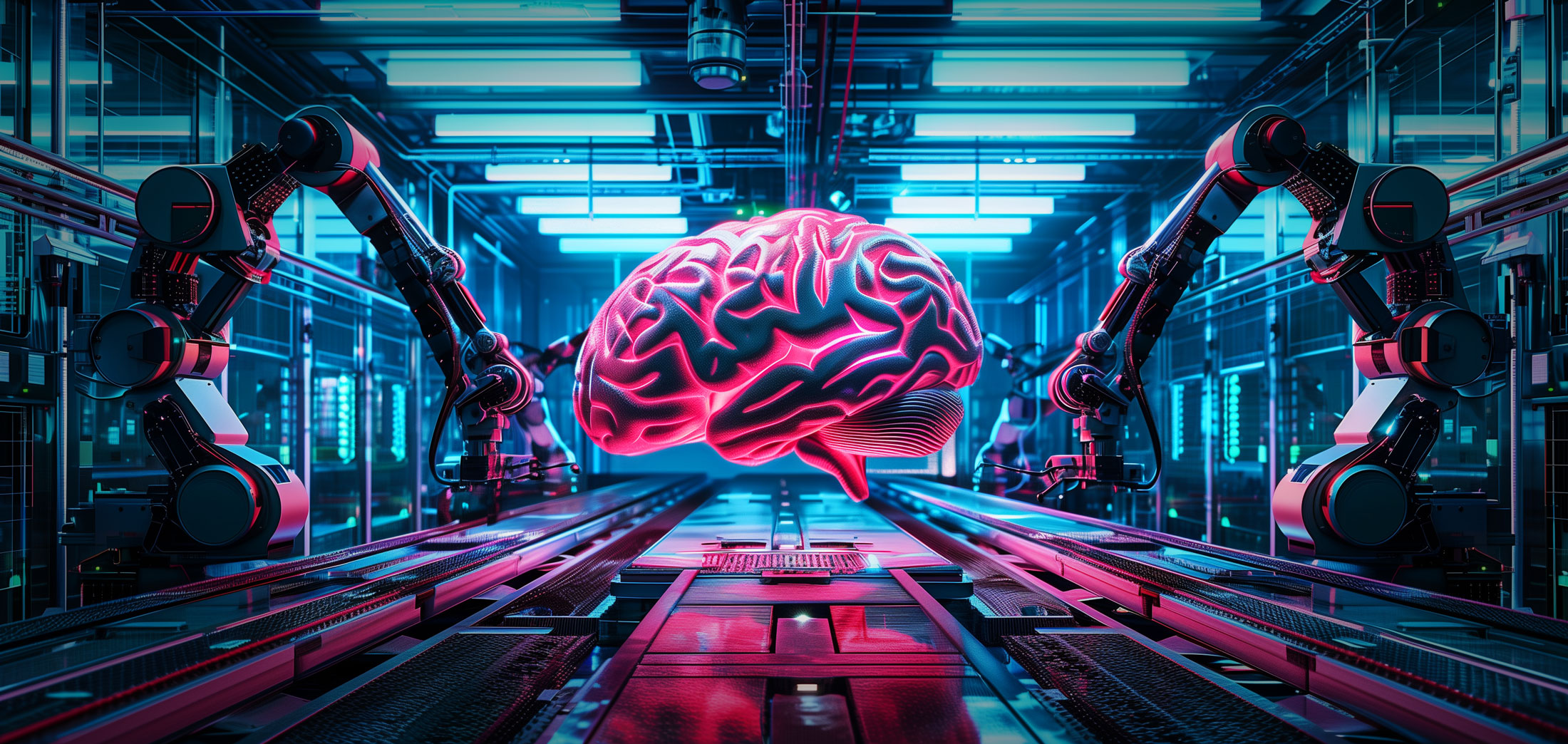 Ein fotorealistisches Bild, das industrielle Roboterarme zeigt, die ein riesiges künstliches Gehirn herstellen.