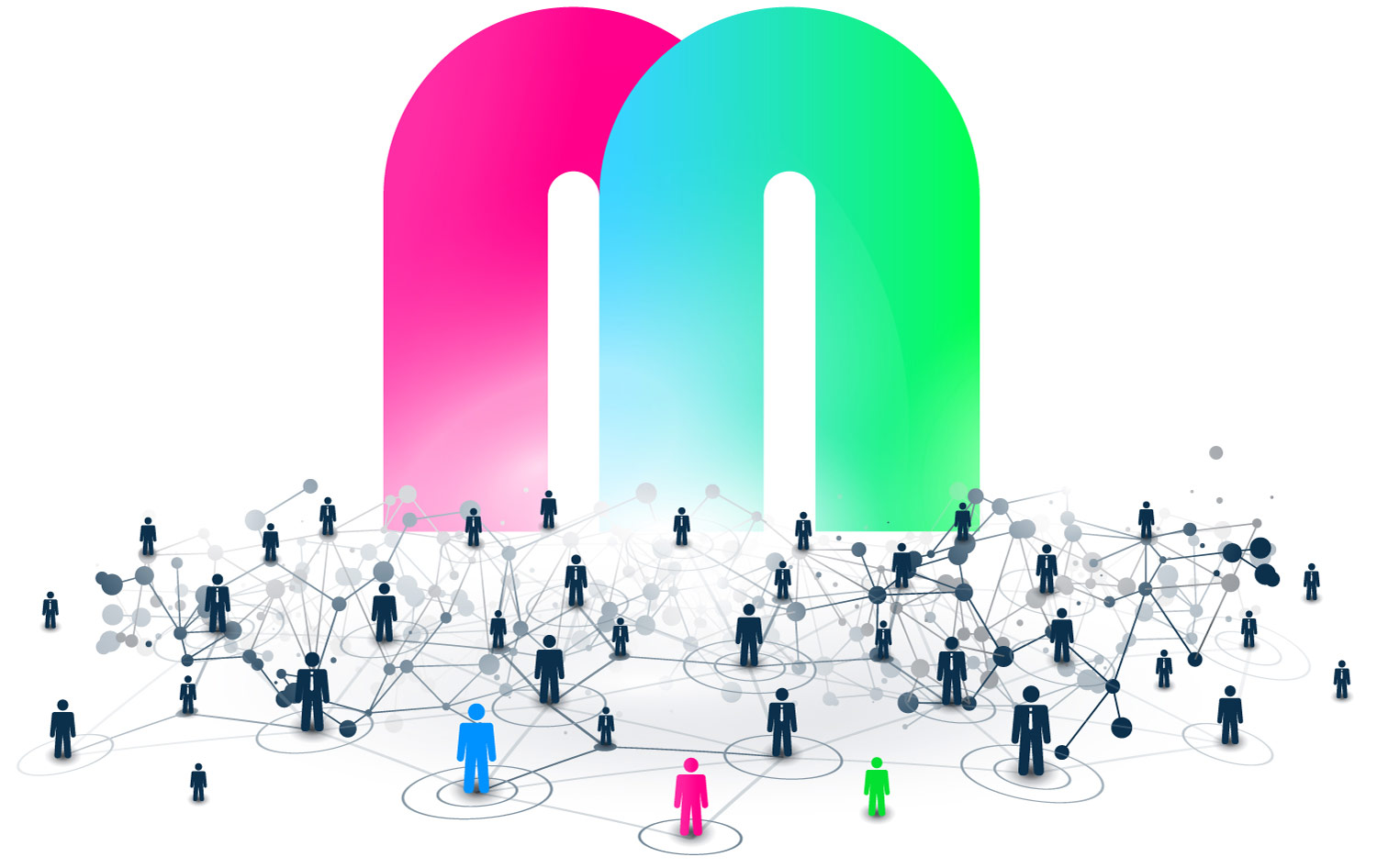 MaibornWolff logo in large, in front of it graphic depicted people standing in circles, all connected by lines.