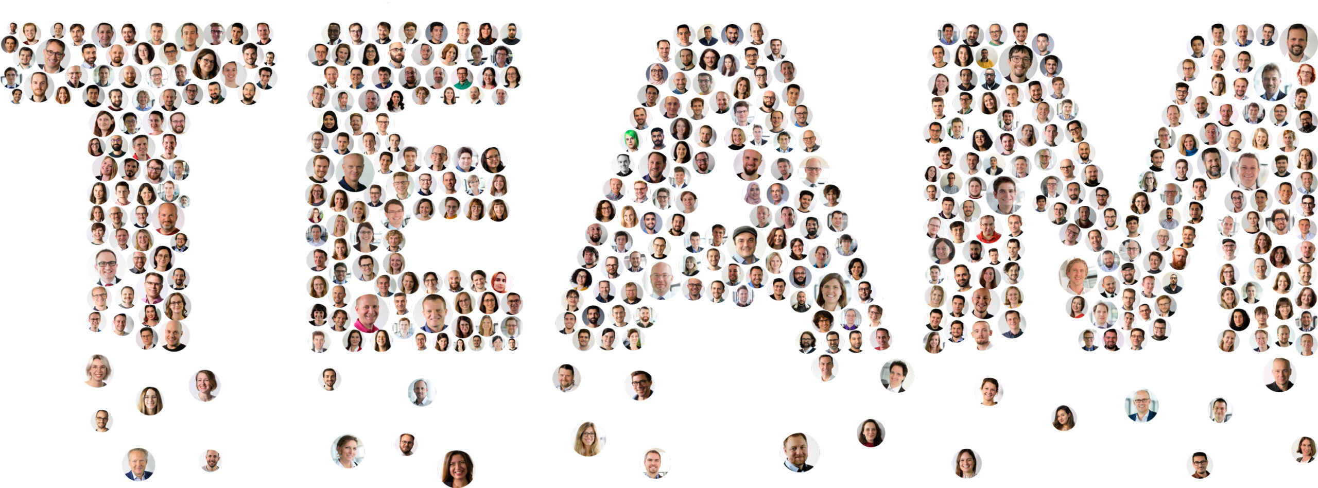 The word "team" is graphically represented by photo portraits of our employees. 