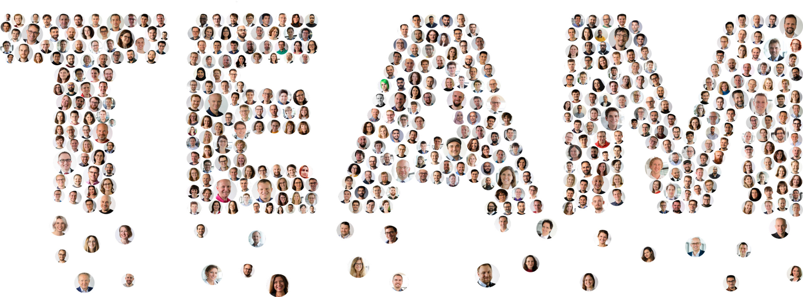 The word "team" is graphically represented by photo portraits of our employees.